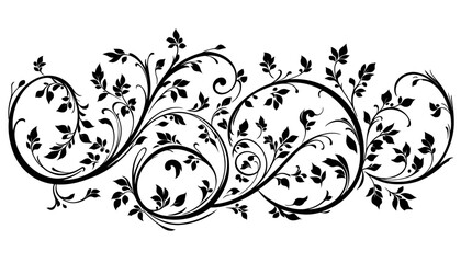 An elegant black floral flourish, featuring intricate swirling vines and delicate leaves, creates a sophisticated decorative vector graphic element.