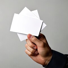 A hand holds three blank business cards against a plain gray background