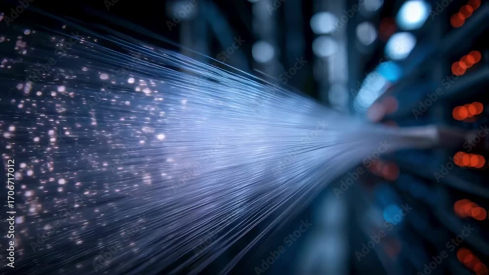 Poster medium shot of glowing fiber optic cables transmitting highspeed data with sharp focus on bright str