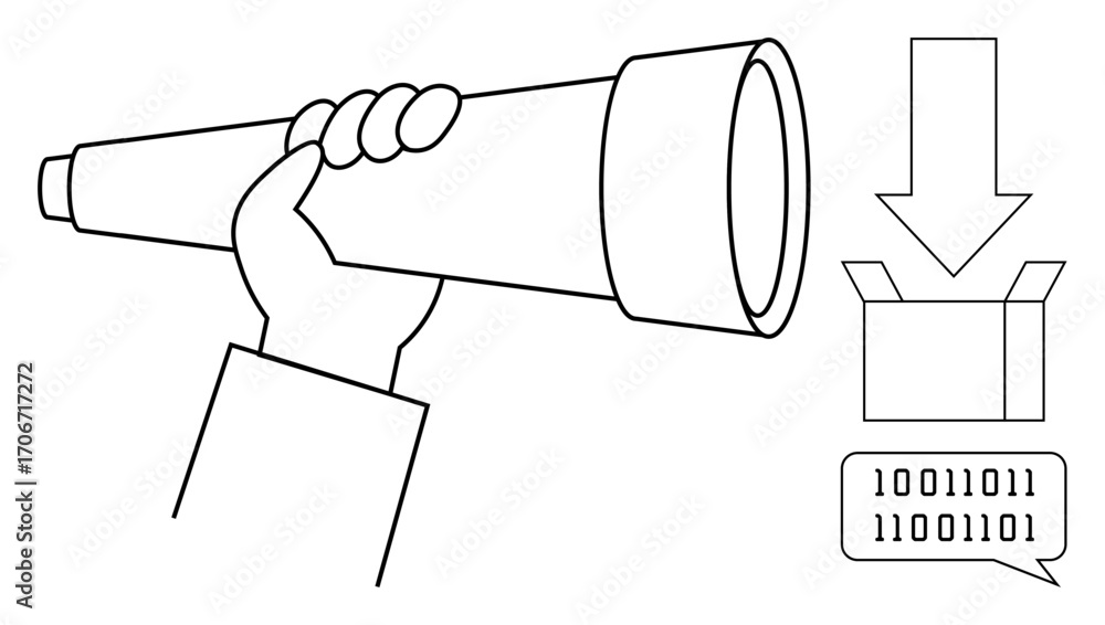 Aufkleber hand holding a telescope, focusing on a box with binary code in speech bubble and downward arrow. id