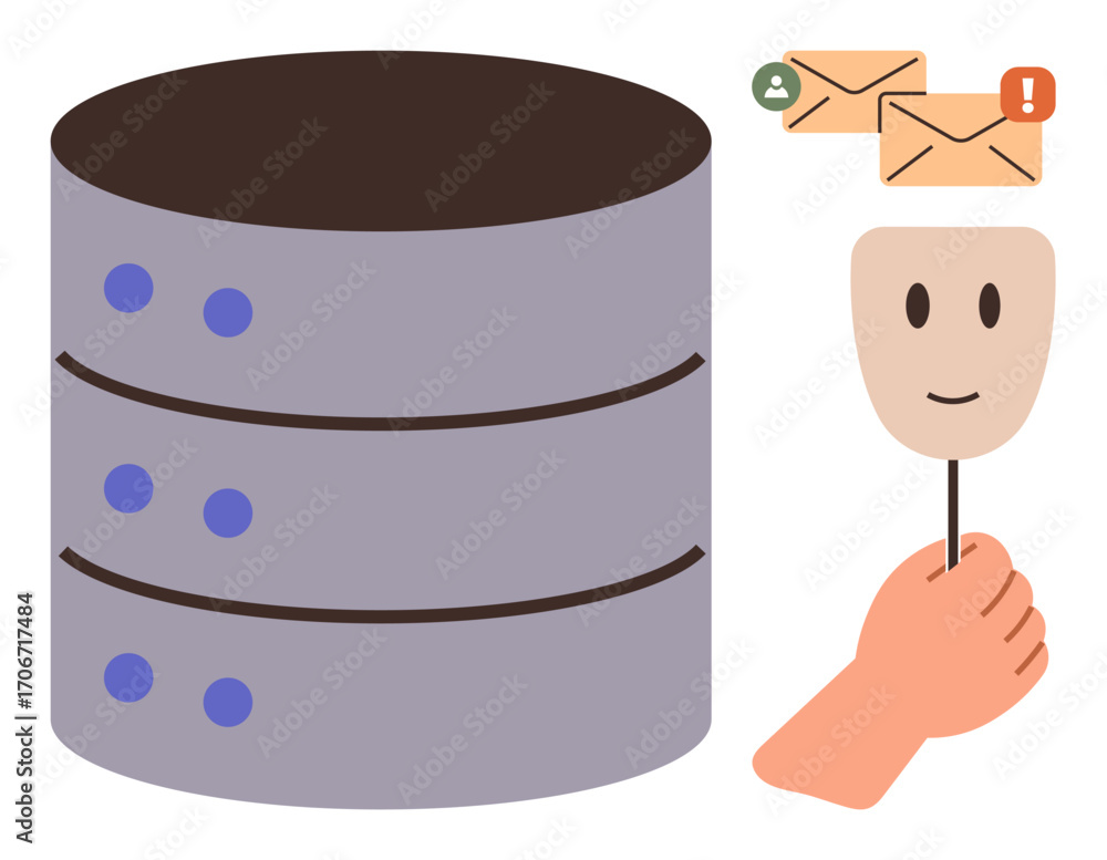 Poster stack of database servers, hand holding a mask for identity, and email notifications. ideal for cybe