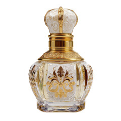 Ornate glass perfume bottle with gold accents.  A decorative,  cream-colored glass bottle with a crown stopper.  Intricate gold filigree and floral patterns.  Clear glass, golden trims