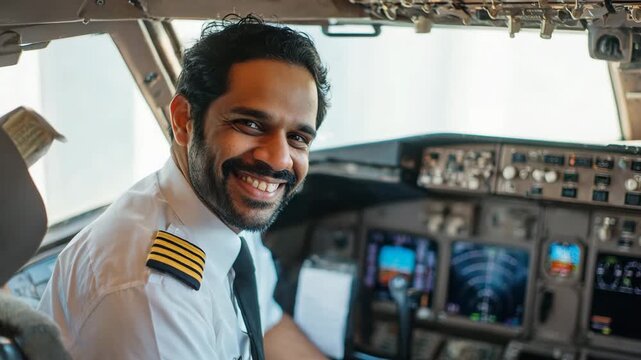 Indian pilot smiling in  the cockpit of an airplane