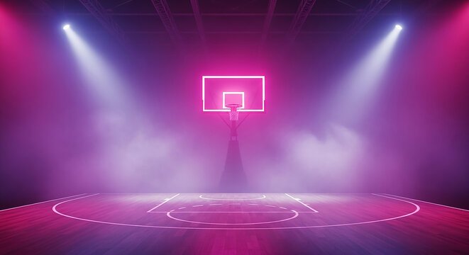 Empty basketball court illuminated by pink and purple neon lights with smoke