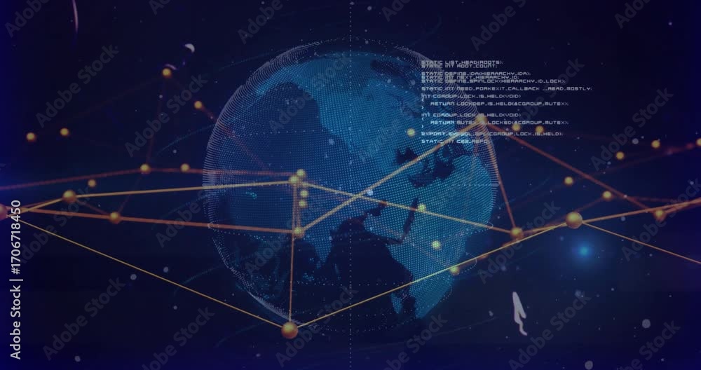 Fototapete backdrop fading triggers rotating globe connecting nodes with lines and code, visualizing network