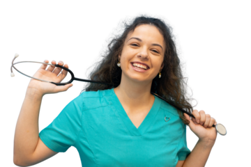 Portrait of cheerful female doctor wearing teal uniform holding stethoscope on her shoulders, smiling on transparent background