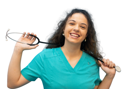 Portrait of cheerful female doctor wearing teal uniform holding stethoscope on her shoulders, smiling on transparent background - Powered by Adobe