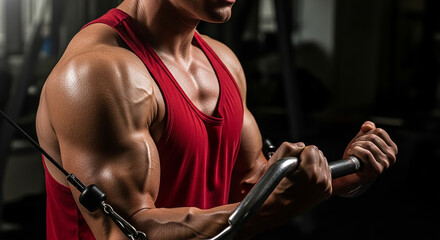 Bodybuilder doing heavy weight exercise for biceps on machine in gym
