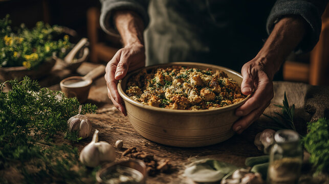 Delicious stuffing recipe thanksgiving dinner food rustic presentation