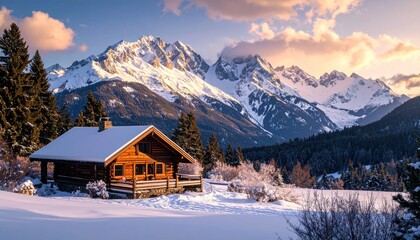 Fototapeta premium Snowy mountain cabin landscape
