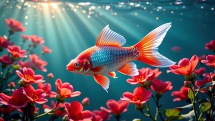 Fototapeta premium Vibrant goldfish swims gracefully among blooming red flowers in clear freshwater, sunlight streaming through water creates peaceful scene