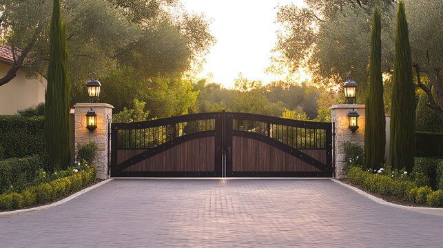 Long-lasting main gate with reinforced wood and high-quality stainless steel accents