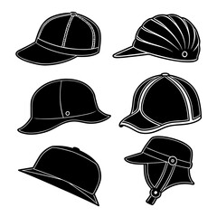 Collection of six black and white silhouette illustrations of various hats and caps including baseball caps a bucket hat and a riding helmet displayed against a white background