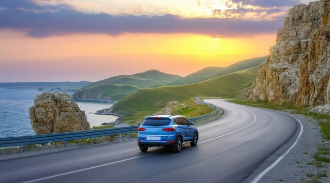 Modern blue SUV driving along a winding coastal road at sunset, offering a scenic view of the ocean and cliffs - Powered by Adobe