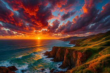 Breathtaking Coastal Sunset Over the Ocean with Rolling Waves and Majestic Clouds