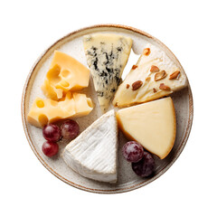Assortment of artisanal cheeses and grapes arranged on a ceramic plate, top-down view.

