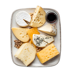 Assortment of artisanal cheeses and walnuts on a ceramic platter, with a small glass of red wine. Top-down view.

