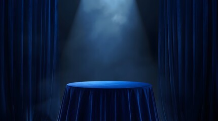 Blue velvet table with spotlight and smoke