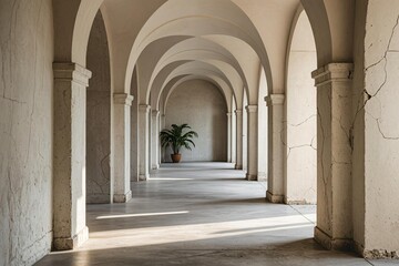 Photo-realistic symmetrical arched corridor with natural stone-textured columns in warm orange and light gray, dark blue arched ceilings with subtle grain, soft side lighting