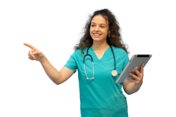 Female doctor wearing teal scrubs and stethoscope holding tablet and pointing with index finger, smiling, on a transparent background