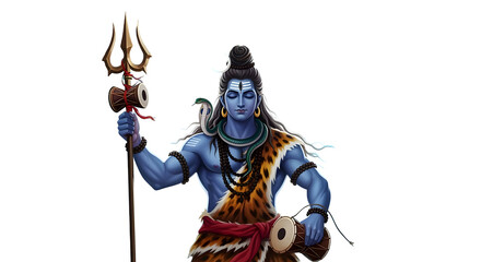 Fototapeta premium Lord Shiva with Trident and Damru in Divine Pose on White Background 