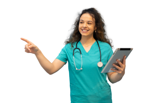 Female doctor wearing teal scrubs and stethoscope holding tablet and pointing with index finger, smiling, on a transparent background