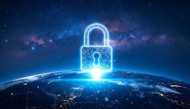 A glowing digital padlock floats above a nighttime Earth, symbolizing cybersecurity and global protection