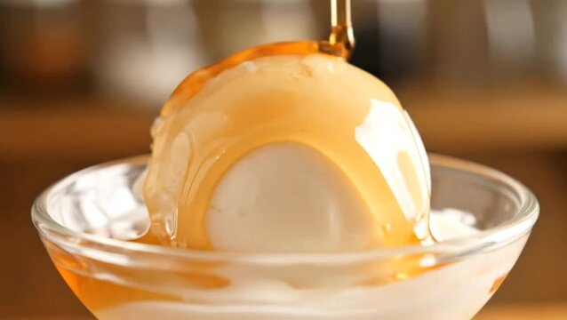Creamy ice cream drizzled with golden honey in a clear bowl close up