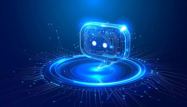 Futuristic AI Chatbot Icon on Blue Circuit Board Background. Digital Assistant, Machine Learning, and Neural Network Technology Concept.