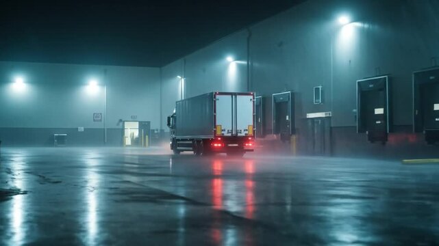 A truck backs into a loading dock on a wet night under bright lights