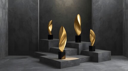 Golden abstract sculpture award on gray pedestals
