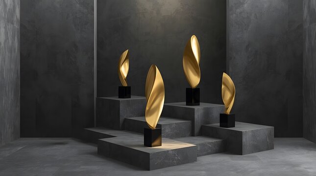 Golden abstract sculpture award on gray pedestals