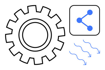 Gear illustration with network connection symbol and flow arrows symbolizing teamwork, process efficiency, technology, networking, innovation, system integration, and management. Ideal for business