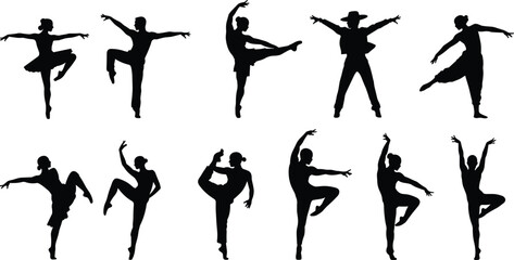 Ballet and contemporary dancer silhouettes. Graceful dance poses, elegant performing arts icons, ballerina and male dancer vector illustrations for stage, choreography, performance, art.