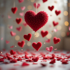 Obraz premium Floating velvet heart confetti illuminated by side light.