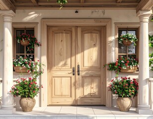 Fototapeta premium Light-filled porch with double wooden doors and potted flowers