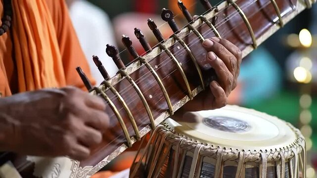 Indian musician playing sitar.