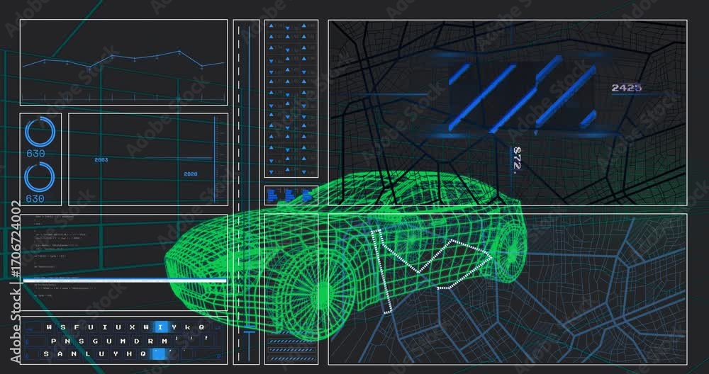 Poster hud splitting starting scan, green wireframe coupe being measured via panels displaying diagnostics
