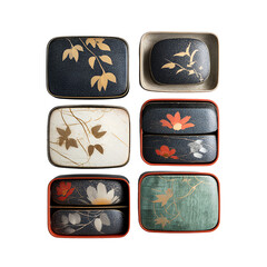 Six decorative Japanese bento boxes arranged in rows on a white surface, top-down view.

