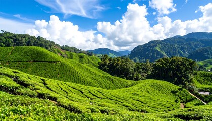 Lush tea plantation landscape under a vibrant blue sky
