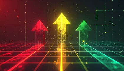 Three vibrant arrows pointing upwards, against a digital grid background