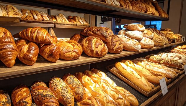 Bakery in store display, many kinds of traditional bakery or bread	