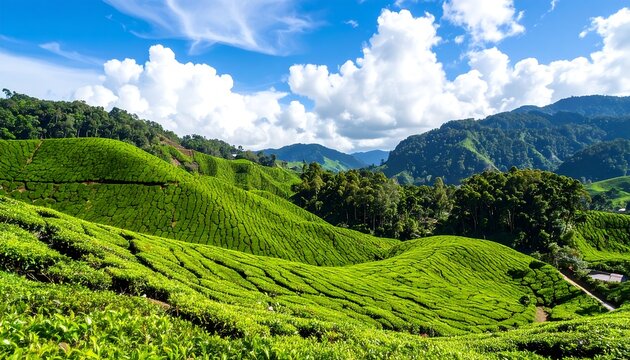 Lush tea plantation landscape under a vibrant blue sky - Powered by Adobe