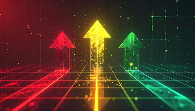 Three vibrant arrows pointing upwards, against a digital grid background