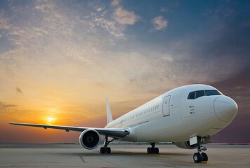 Obraz premium Passenger airplane is approaching the terminal during a scenic sunset, travel and business concept