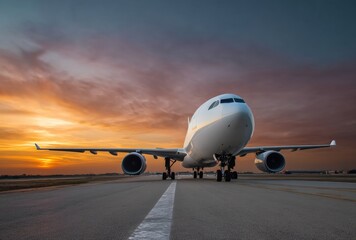 White passenger airplane resting on the runway, illuminated by the warm hues of a stunning sunset, creating a picturesque evening scene