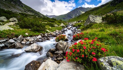 Mountain stream flows through rocky terrain, lush vegetation, and vibrant red flowers
