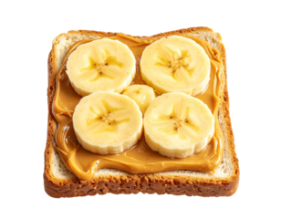 Angled Side View of Peanut Butter Banana Toast, isolated on transparent background.