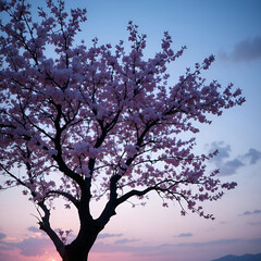 Obraz premium Cherry blossom tree silhouette glowing at dusk.