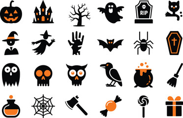 Collection of Halloween vector icons in black and orange, including pumpkins, ghosts, bats, witches, skulls, candy, and spooky elements for festive design.